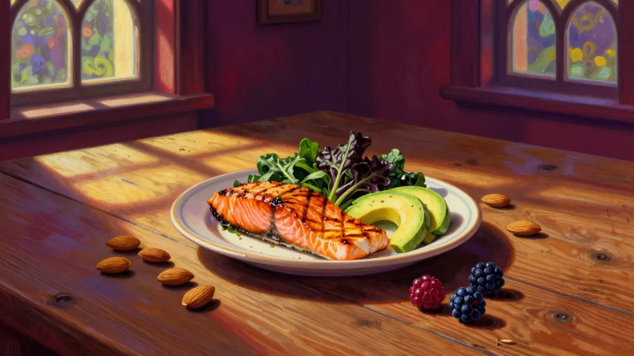 Composizione di salmone avocado e noci su tavolo luminoso e colorato