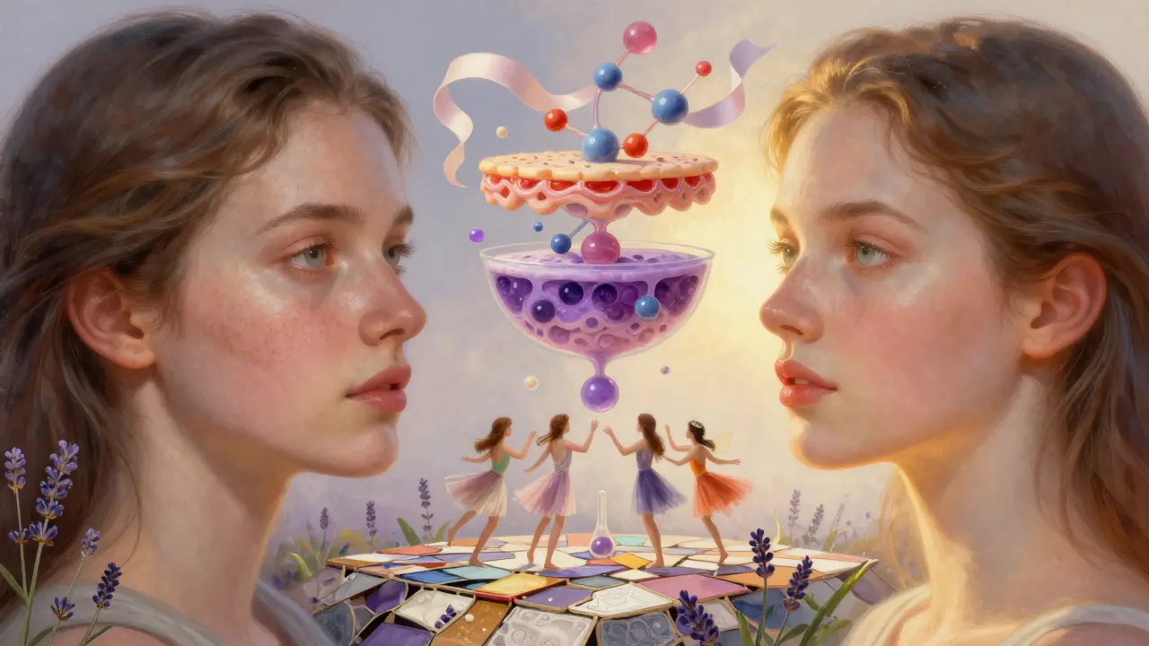 Confronto prima e dopo l'esfoliazione: pelle opaca e pelle radiosa, con molecole di idratazione che la avvolgono.