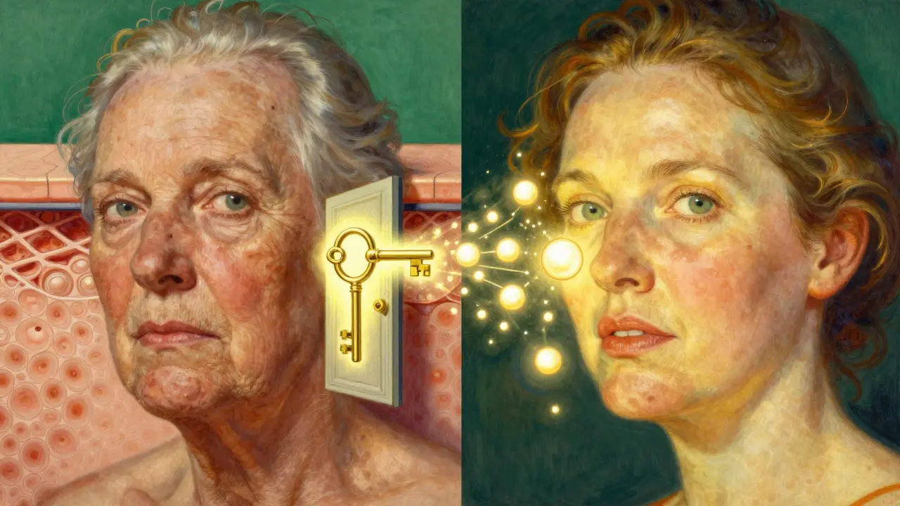 Confronto tra pelle invecchiata e pelle rigenerata, con molecole di retinolo che attivano il rinnovo cellulare.