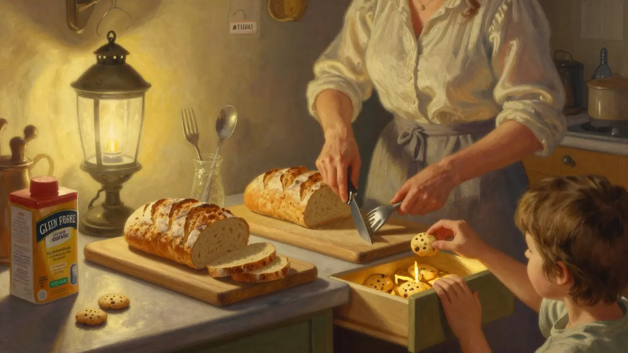 Cucina italiana con utensili separati per cibo senza glutine, luce calda e simbolo della spiga barrata.