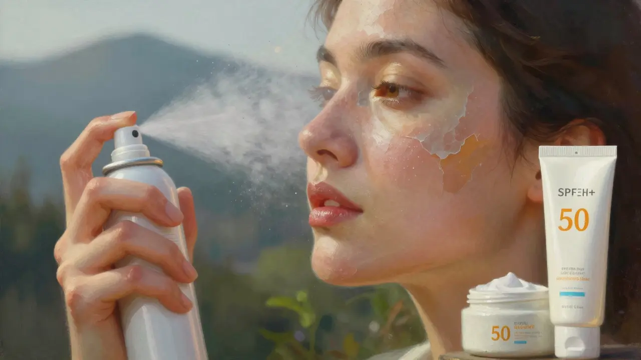 Dettaglio del viso con nebbia d'acqua termale e crema solare, dopo un trattamento estetico.