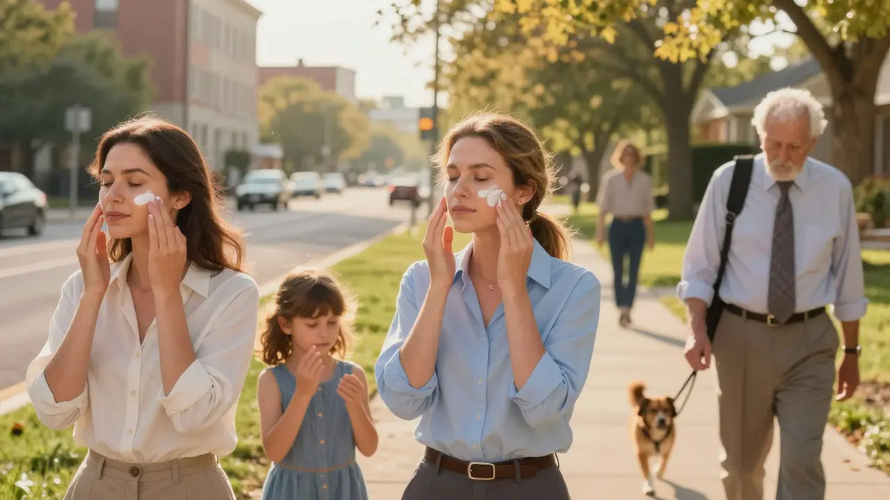 Diverse persone applicano BB cream con SPF durante le loro attività quotidiane, circondate da una luce dorata che simboleggia la protezione solare.