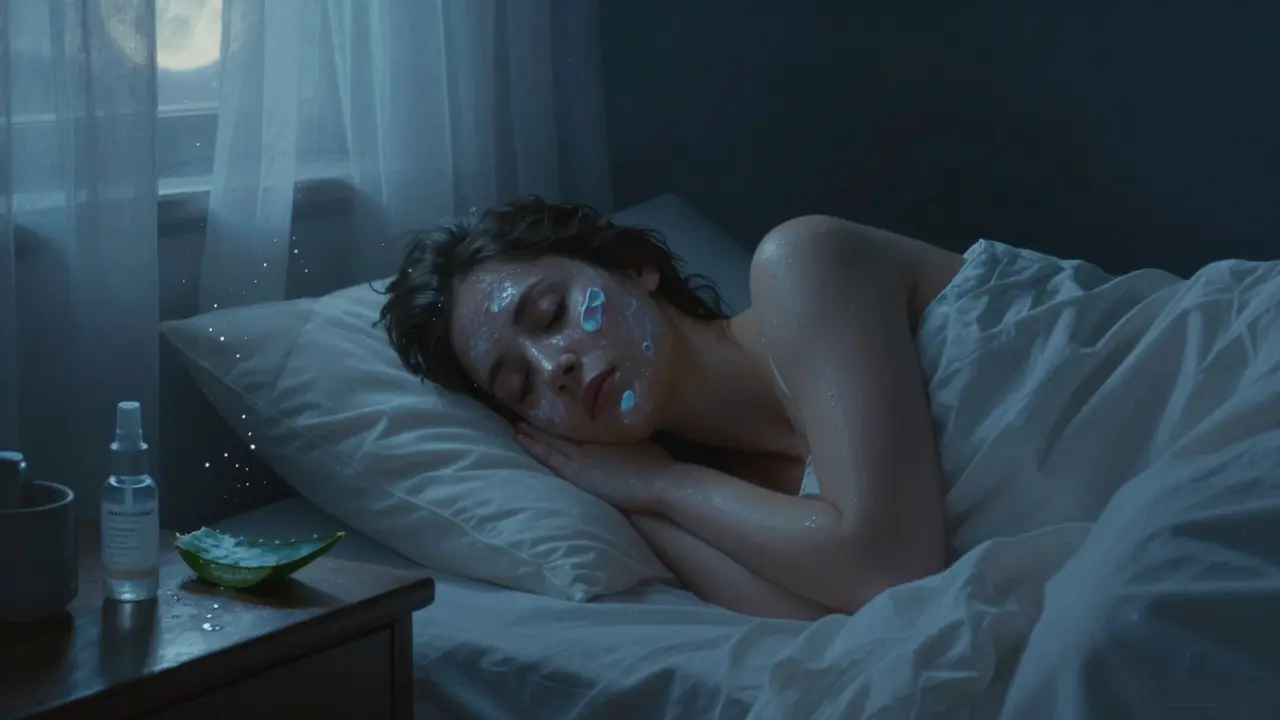 Donna che dorme in una stanza umidificata, con prodotti per l'aftercare sul comodino e luce lunare.