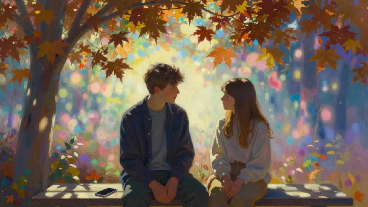 Due adolescenti che si parlano con empatia, mentre lo smartphone abbandonato si fonde con motivi floreali.