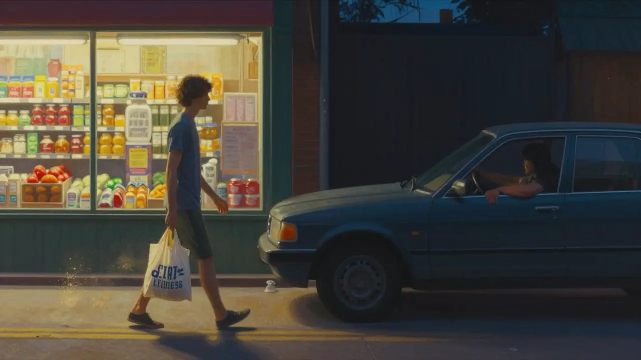 Due persone sulla stessa strada: una cammina con borse della spesa, l'altra è in auto — il NEAT come differenza chiave.