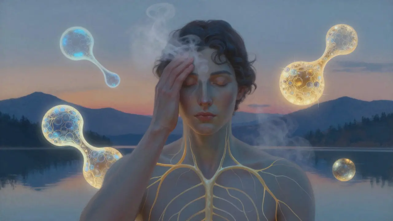 Figura calma con nebbia fredda intorno al viso, simboli luminosi del nervo vago e della lucidità mentale.