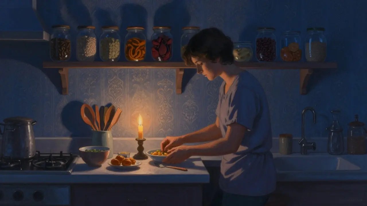 Interno cucina serale con figura calma e organizzazione alimentare