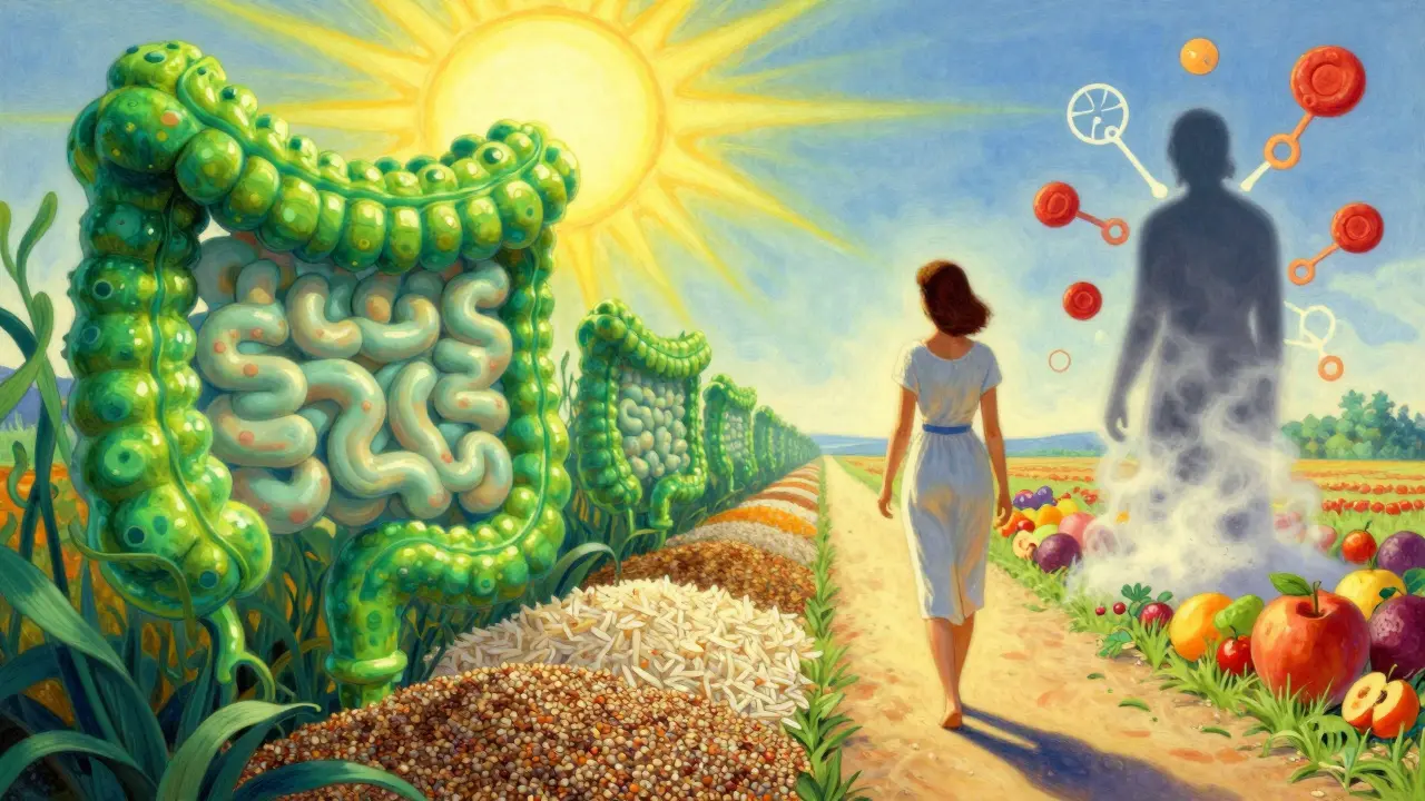 Intestino che guarisce con villi rigenerati, cibo sicuro e glutine che svanisce, in stile pittorico luminoso.