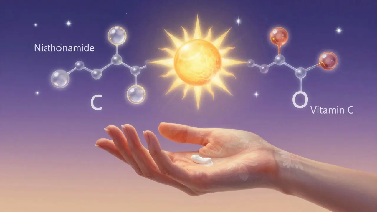 Mano che applica crema notturna, mentre molecole di attivi brillano nel cielo come stelle intorno al retinolo.