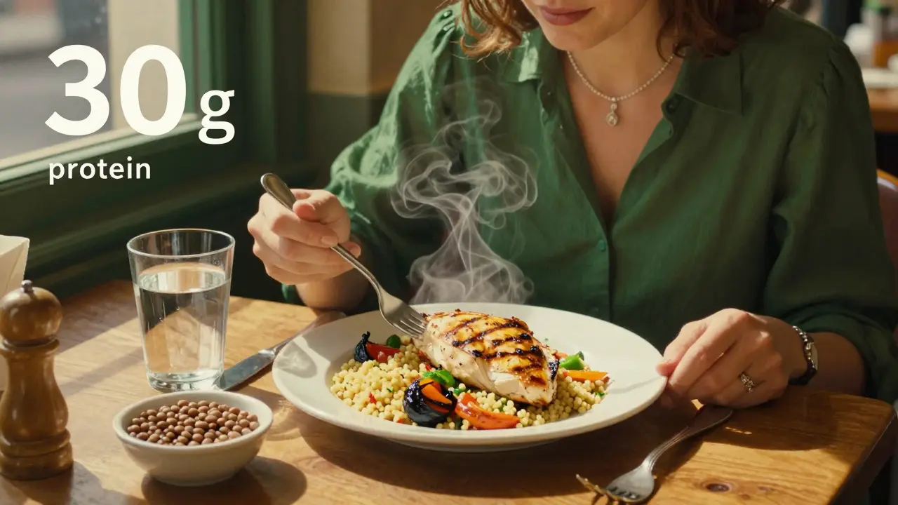Pranzo italiano con petto di pollo, quinoa e verdure, luce naturale e atmosfera serena.