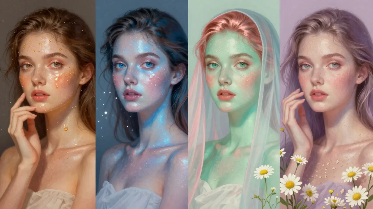 Quattro donne rappresentano diversi tipi di pelle: secca, grassa, mista e sensibile, ciascuna avvolta in una luce e texture personalizzate.