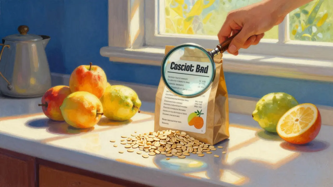 Tavola con ingredienti freschi e controllo delle etichette alimentari