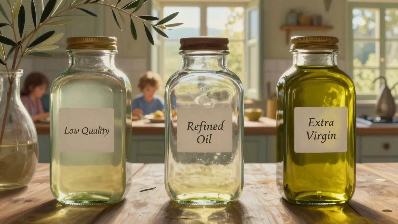 Tre barattoli di olio: quello extravergine brilla di verde dorato, simbolo di salute e qualità.