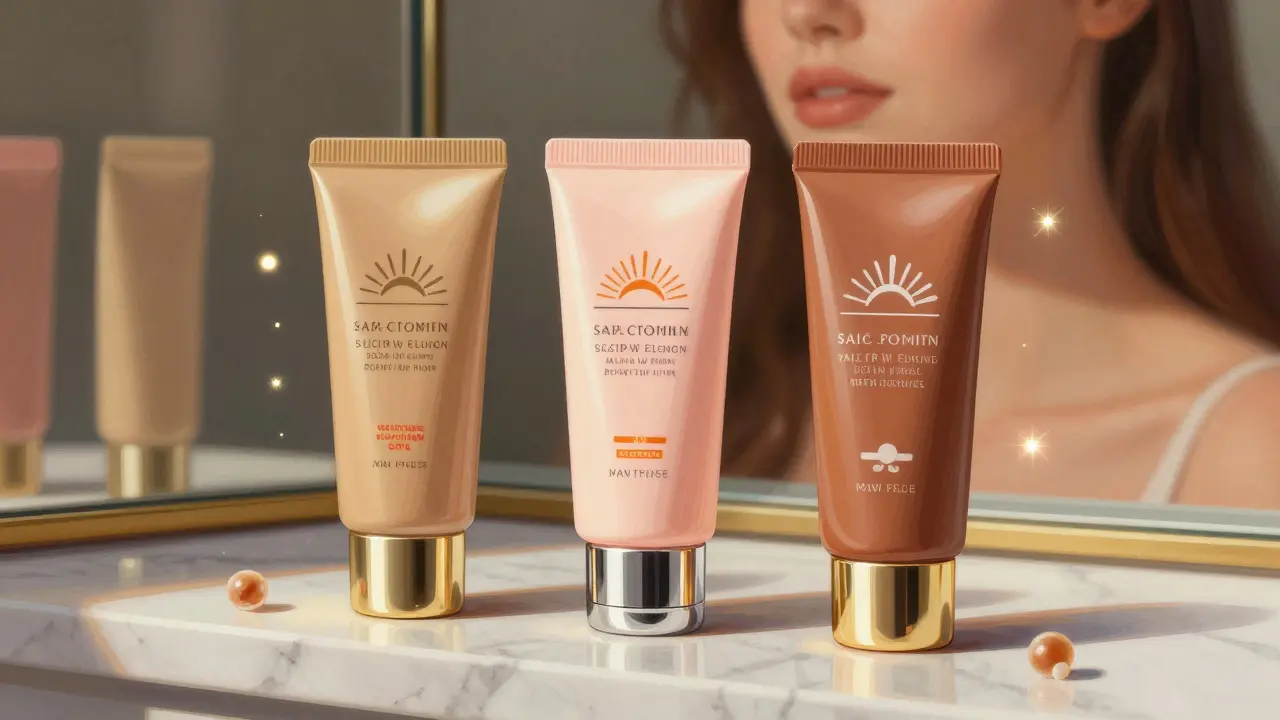 Tre prodotti SPF colorati su un piano di marmo, con tonalità diverse per vari tipi di pelle e dettagli luminosi.