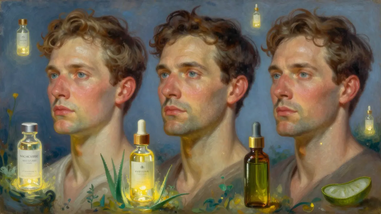 Tre uomini di età diverse con pelli ottimizzate da attivi specifici, illuminati da una luce eterea e circondati da flaconcini di ingredienti.