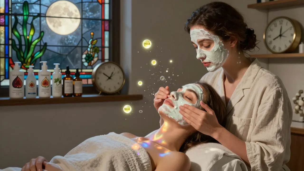 Un dermatologo applica una maschera viso luminosa, molecole di acidi e ingredienti naturali fluttuano intorno alla pelle.