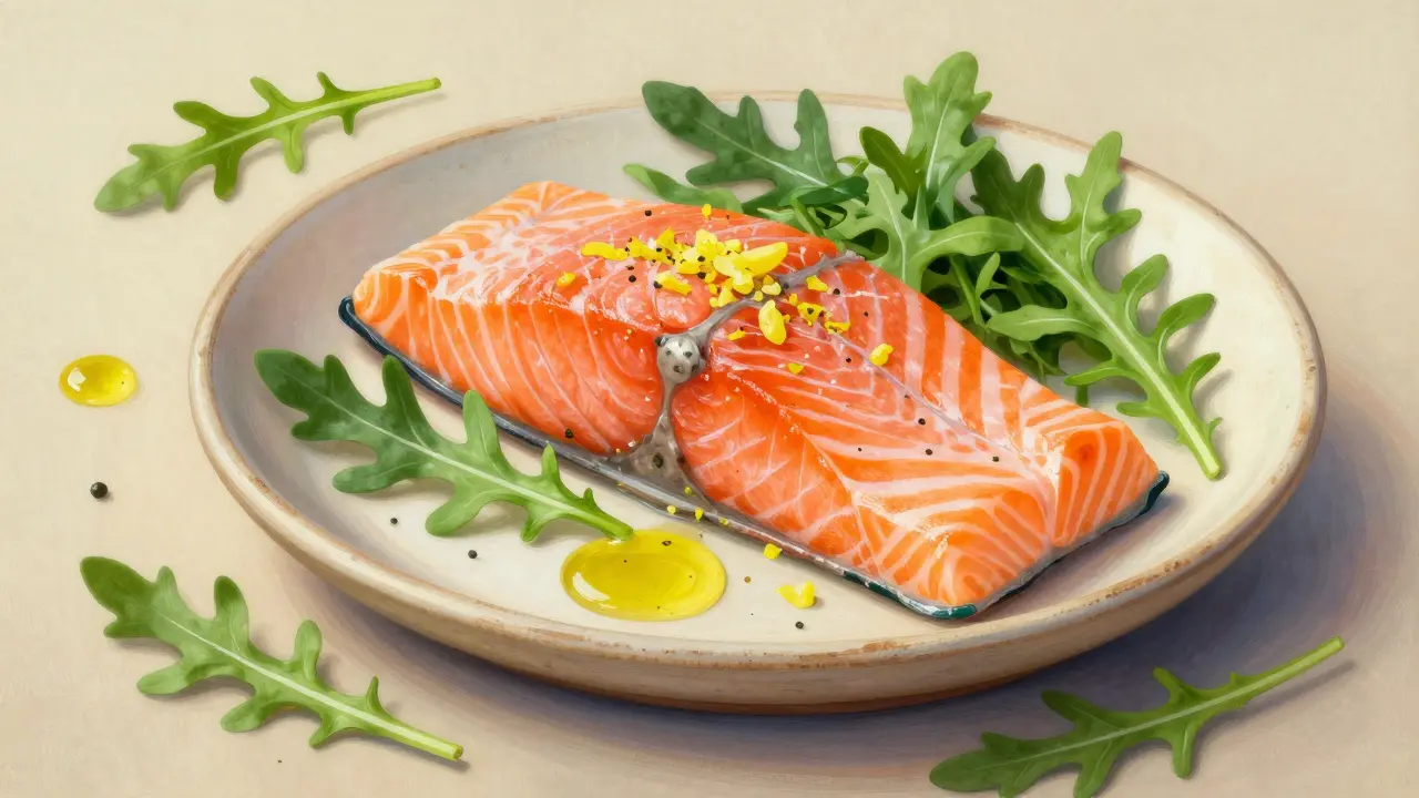 Un filetto di salmone cotto con limone e rucola, circondato da erbe aromatiche e gocce d'olio che brillano alla luce.