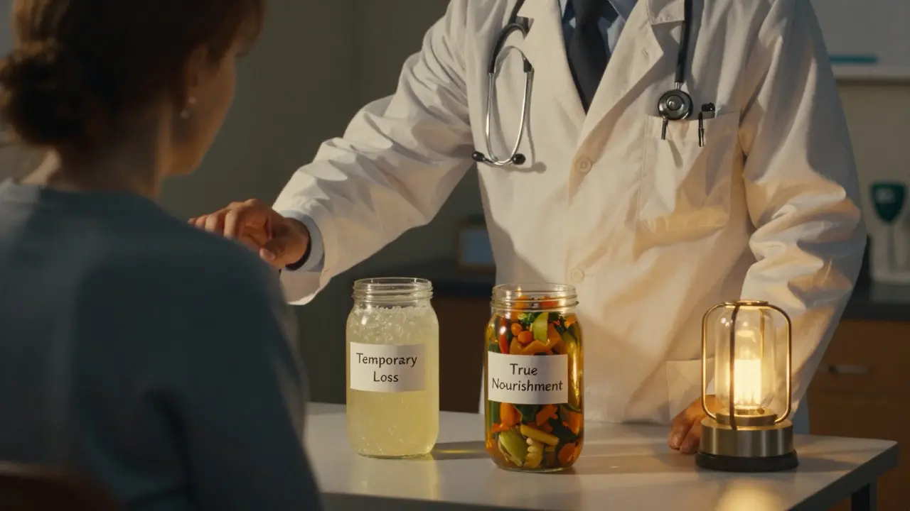 Un medico indica due barattoli: uno con succo zuccherato, l'altro con brodo nutriente.