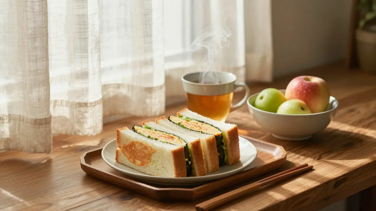 Un sandwich giapponese tamago sando tagliato a triangoli, servito con frutta e tè, in una luce soffusa e accogliente.