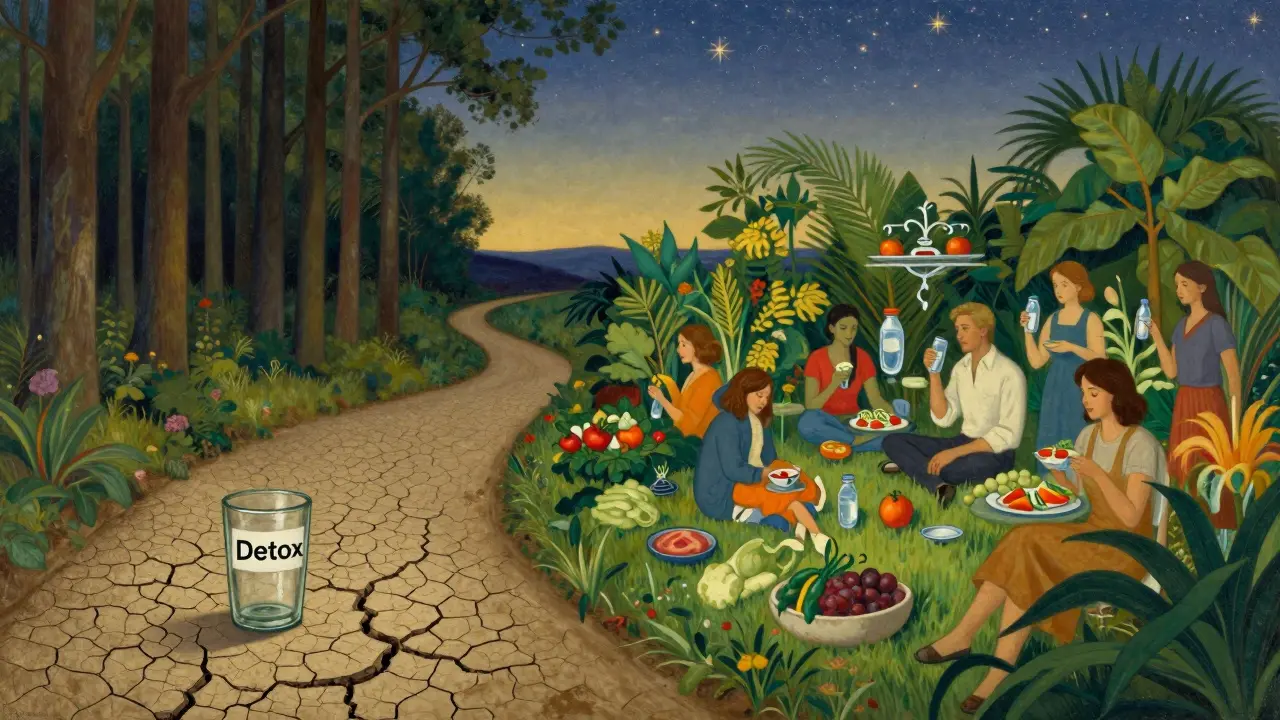 Un sentiero che divide una terra arida da un giardino rigoglioso sotto un cielo stellato.