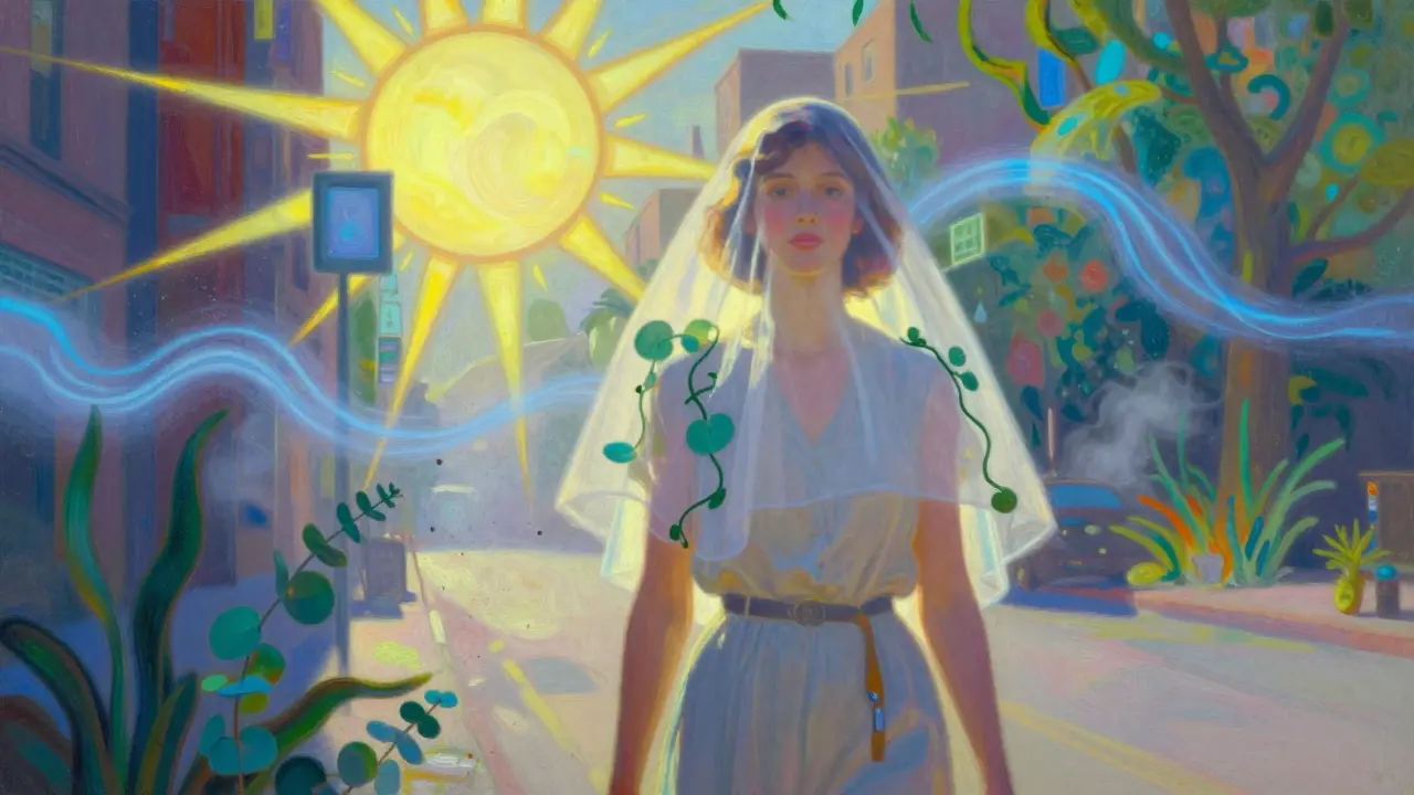 Una donna che cammina in città al tramonto, con raggi solari e elementi botanici che la proteggono.