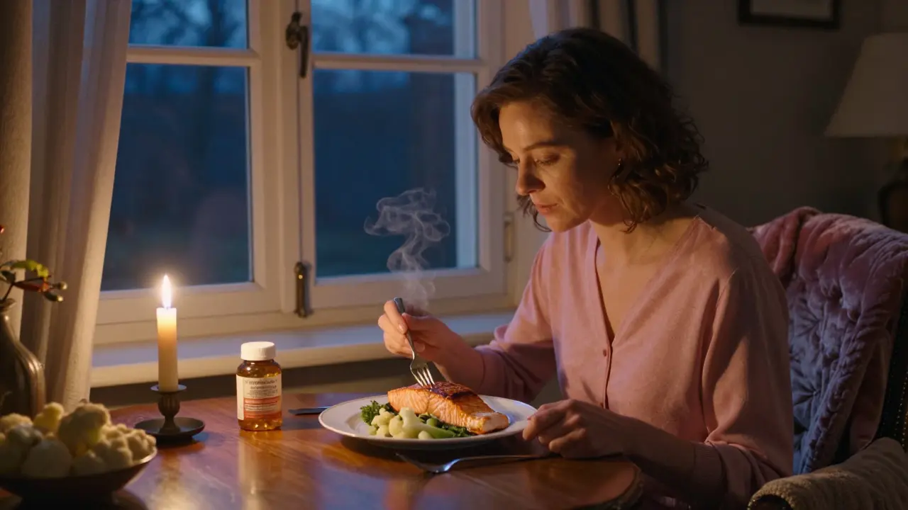 Una donna che cena con salmone e cavolfiore al tramonto, in un'atmosfera serena e rilassata.
