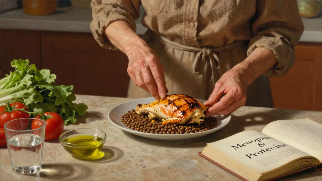 Una donna che prepara un pranzo proteico con pollo e lenticchie in una cucina soleggiata.