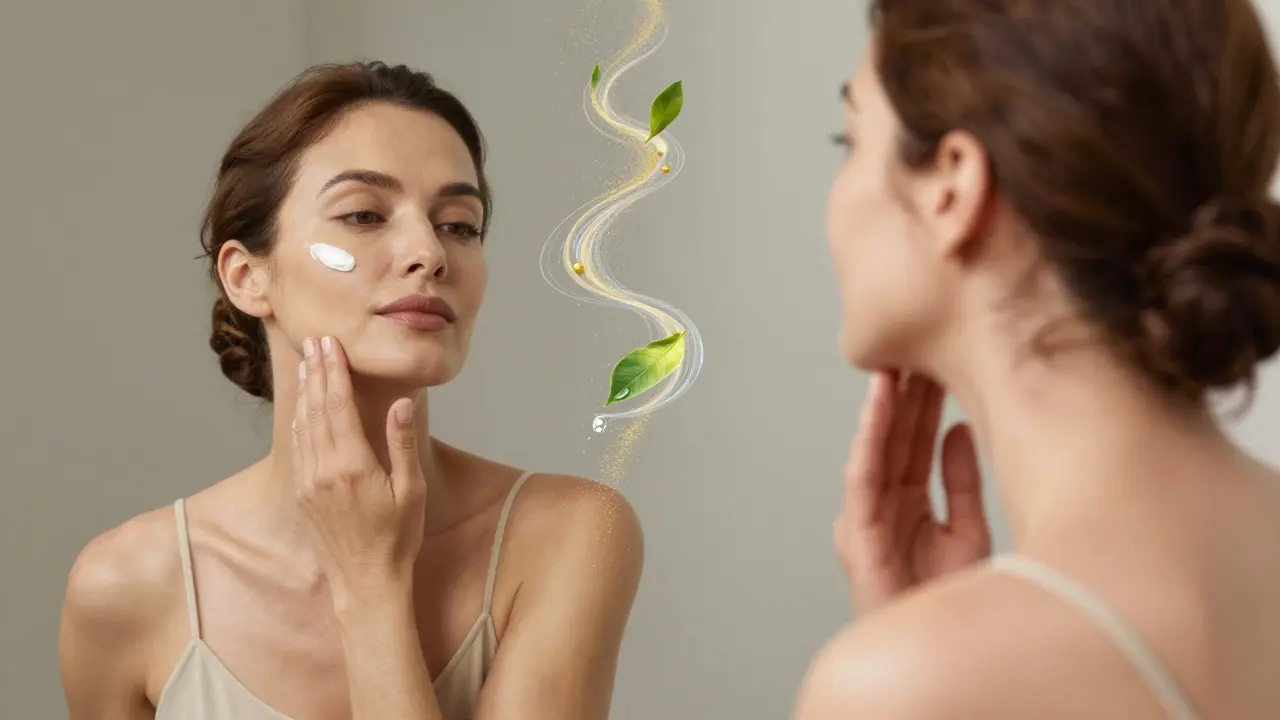 Una donna di mezza età si trucca davanti a uno specchio, con elementi magici che rappresentano ingredienti attivi che la circondano.