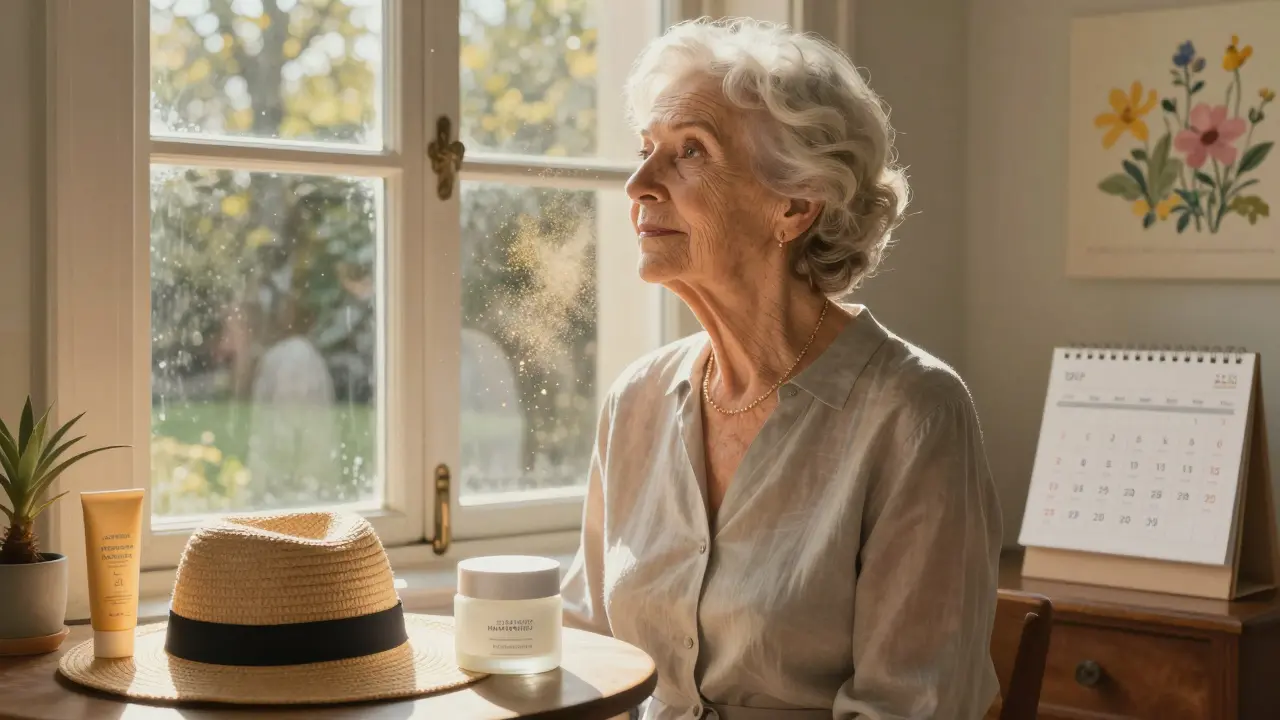 Una donna matura circondata da particelle di idratazione e peptide, con un barattolo di crema e un calendario stagionale sullo sfondo.