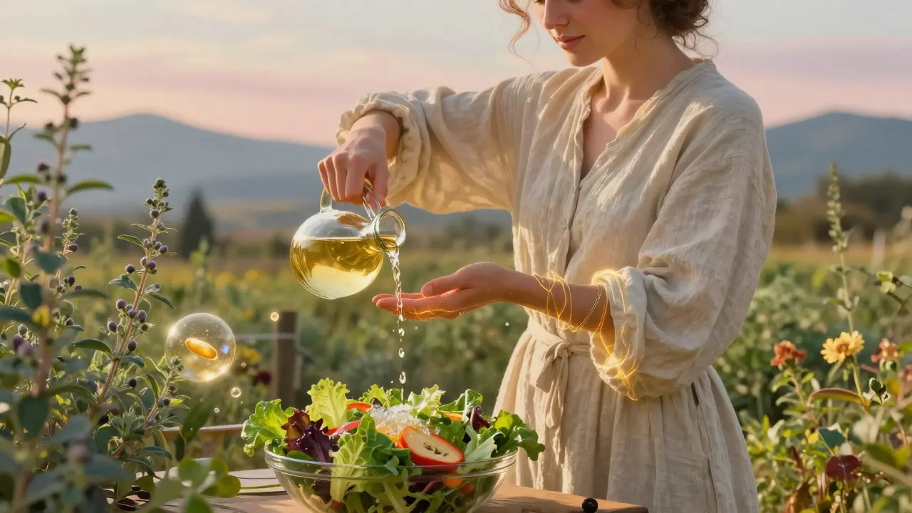 Una donna versa aceto di mele su un'insalata in un giardino illuminato dalla luce dorata del tramonto.