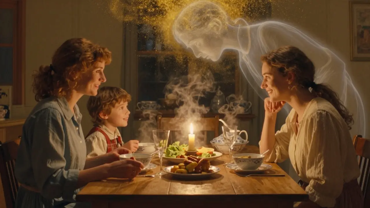 Una famiglia a cena senza dispositivi, con una voce critica che svanisce in polvere dorata.