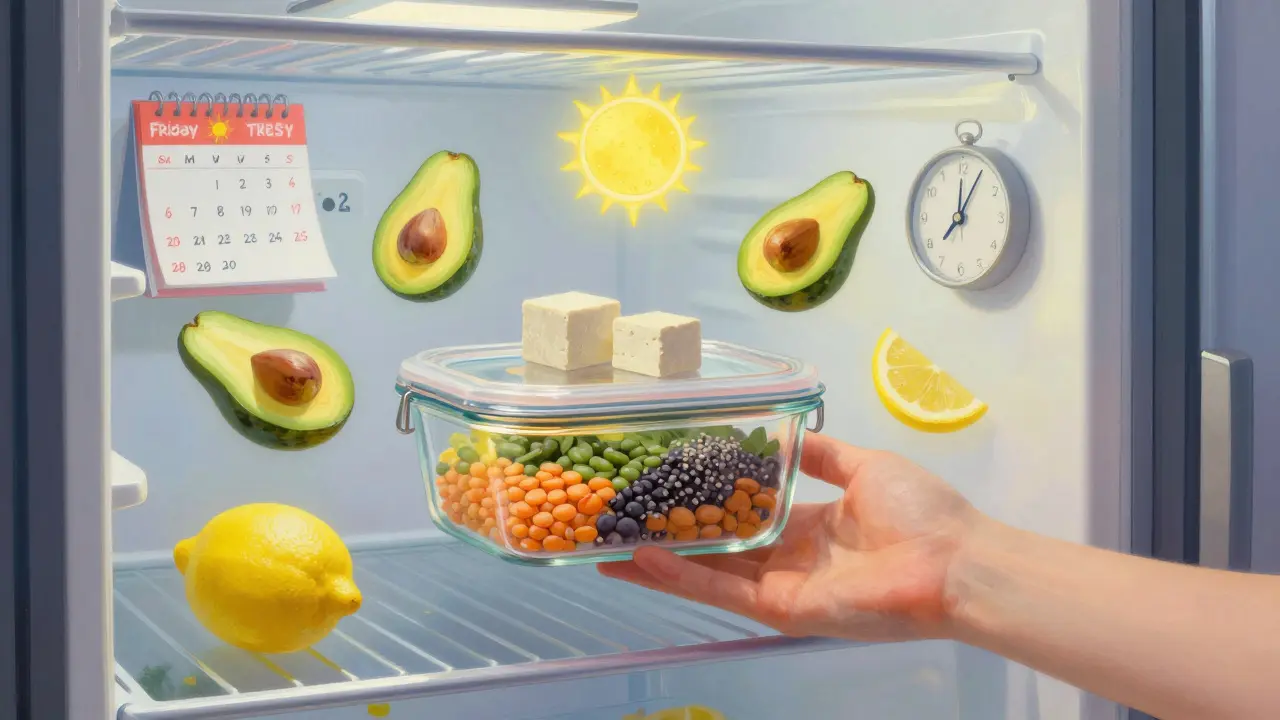 Una mano che mette un contenitore in frigorifero, circondata da ingredienti vegetali che fluttuano come simboli luminosi.