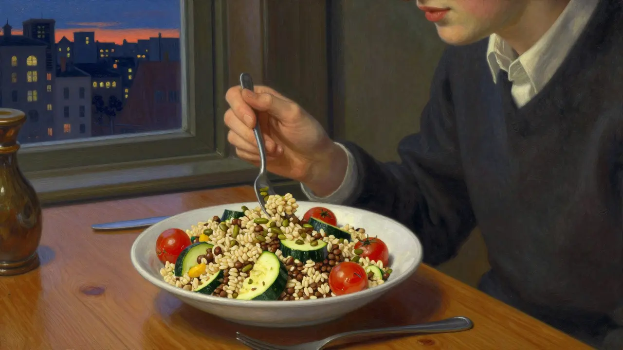 Una persona che mangia un'insalata di farro con legumi e verdure al tramonto, in un'ambientazione tranquilla.