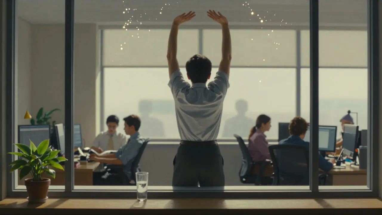 Una persona in ufficio si allunga alla finestra, con particelle luminose che rappresentano le calorie bruciate.