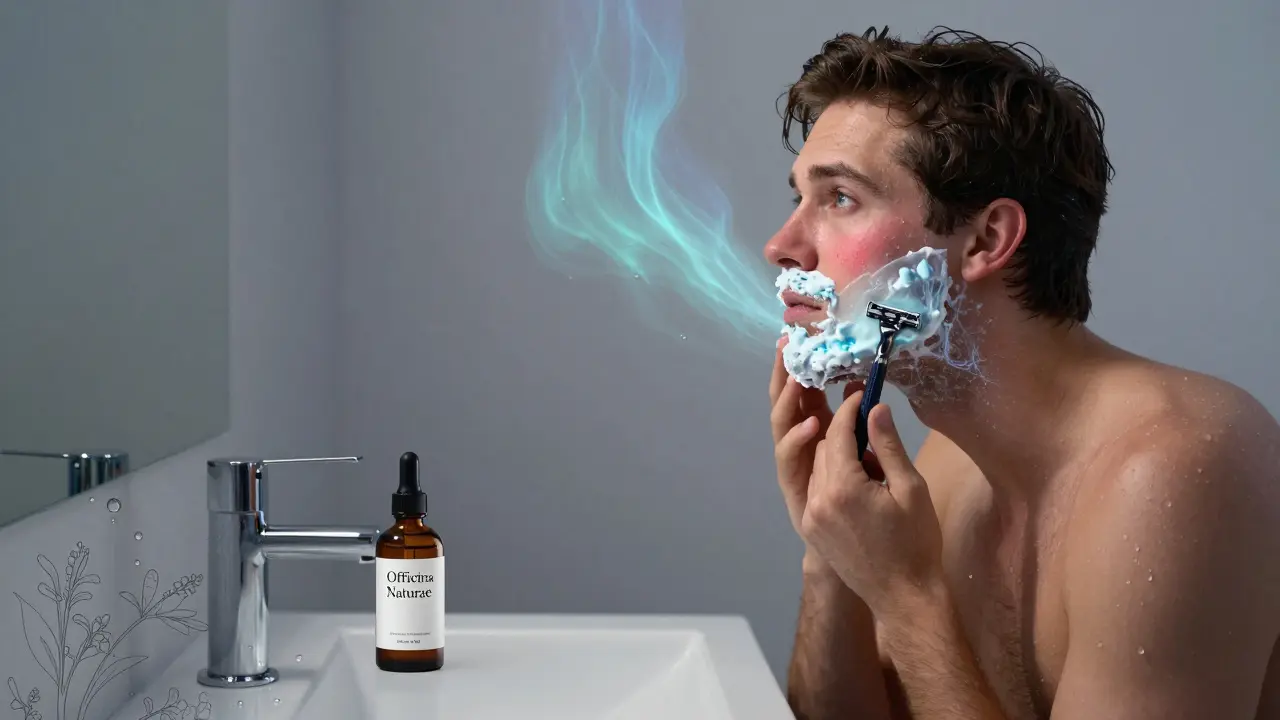 Uomo dopo la rasatura che applica un siero calmante, con una nebbia luminosa che ristabilisce la pelle, in un bagno tranquillo al tramonto.