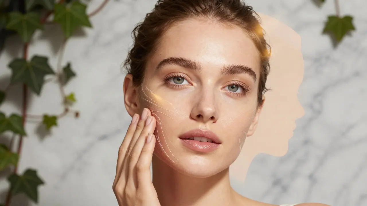 Viso luminoso con primer applicato, avvolto in una luce dorata e filamenti di idratazione.