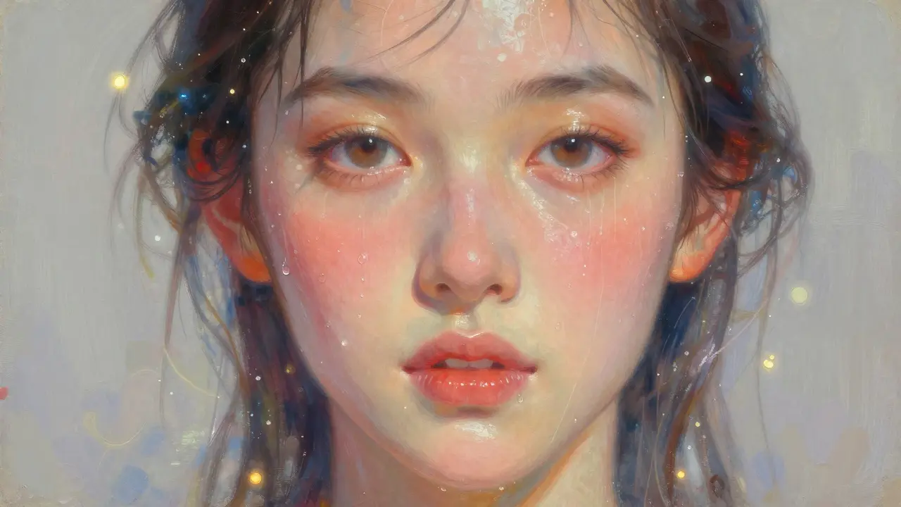 Volto con pelle luminosa e gocce d'acqua che rifrangono la luce, rappresentazione della circolazione migliorata.